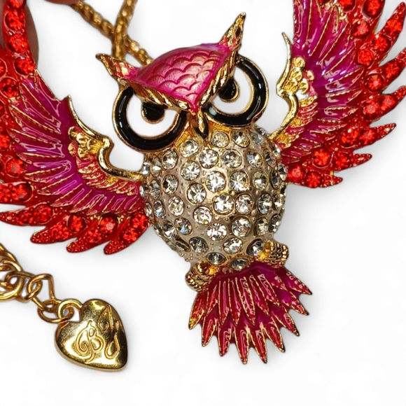 Fire Owl Pendant BJ Necklace with Red Pink Rhinestone Crystals - Picture 4 of 4